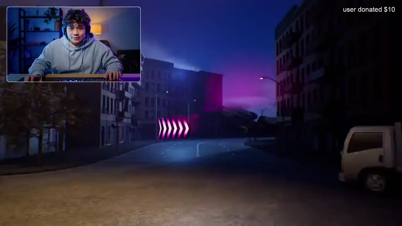 Live stream layout with a streamer webcam overlay on top of a dark 3D street scene and a '$10 donation' message